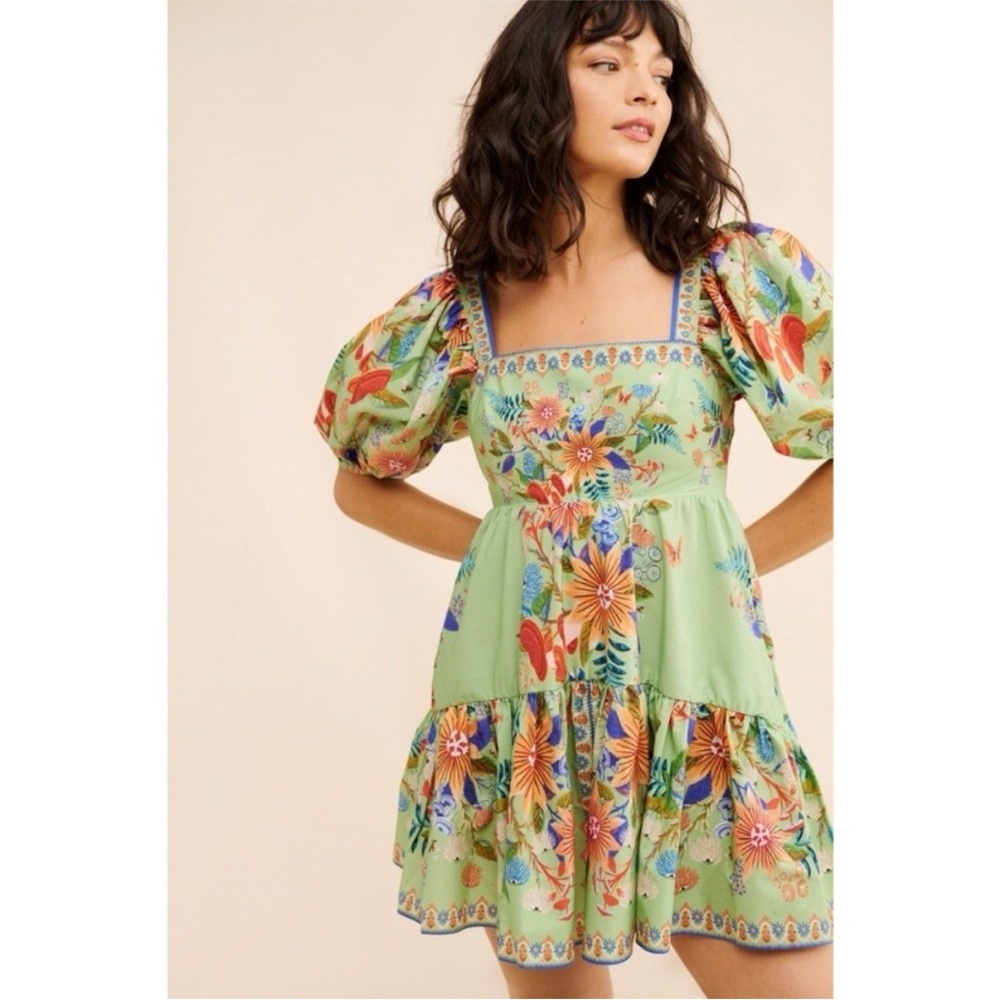 Farm Rio Bright Yard Green Floral Puff Sleeve Mini Dress Medium
